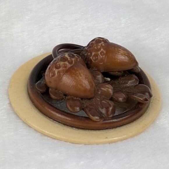 Marion Weeber 1.625" Carved Acorn Celluloid Button Glued to Cream Buckle Base - Picture 2 of 7